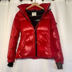 S13 Kylie Gloss Red Quilted Duck Down Coat M Puffer Removable Hood Full Zip NWT